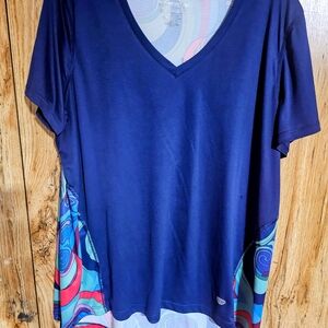 Navy V-Neck Top with Vibrant Swirl Accents